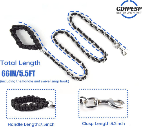 Chew Proof Chain Dog Leash, 5.5ft Heavy Duty Metal Lead with Soft Rope Handle for Medium Large Dogs