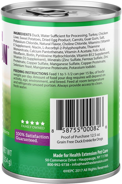 Health Extension Wet Dog Food, Duck Entree, 12.5 Oz / 374 g - Gluten & Grain-Free Natural Food (Pack of 12)