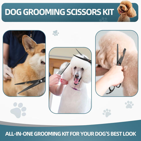 7.0" 3-Piece Set Professional Dog Grooming Scissors Kit with Straight, Curved & Thinning Shears, Black Japanese
