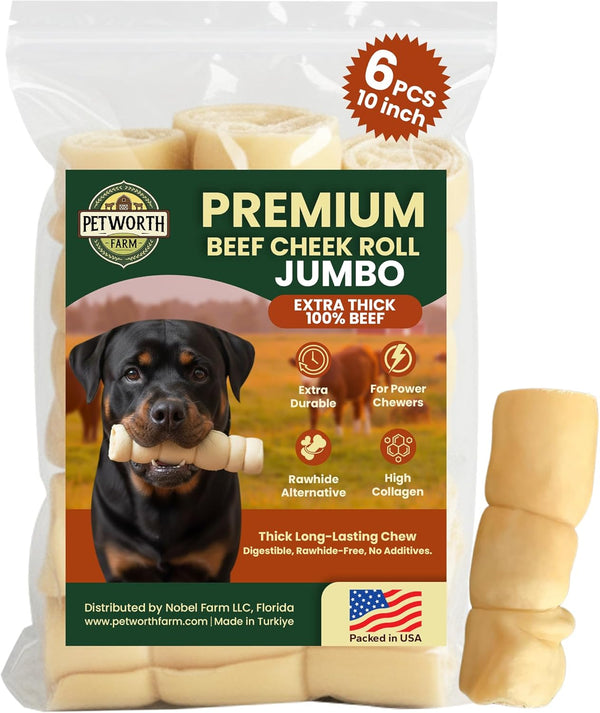 6 Pack 10 Inch Beef Cheek Rolls Extra Thick for Large Dogs