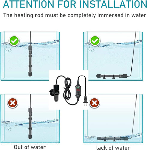 Mini Submersible Aquarium Heater, Adjustable 25/50/100/150/200/300 Watts, Built-in Thermometer, for 1-60 Gallons (20W