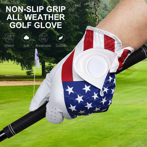 Golf Gloves Left Hand with Ball Marker, Men Women USA Flag Synthetic Leather Adjustable Strap