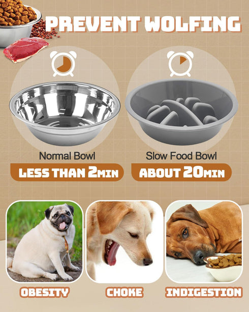 Elevated Dog Bowls, Feeder with 2 Stainless Steel Bowls & 1 Slow Feeder, Adjustable Height Stand