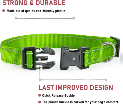 Reflective Dog Collar with Buckle Adjustable Safety Nylon Collars for Small Medium Large Dogs, Grass Green M