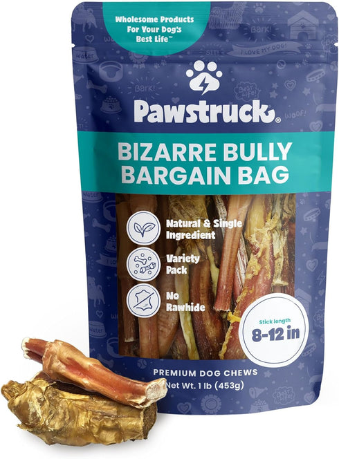 Pawstruck Natural Bizarre Bully Sticks Bargain Bag - Variety Pack of 8-12" Long Lasting Eco-Conscious Chews