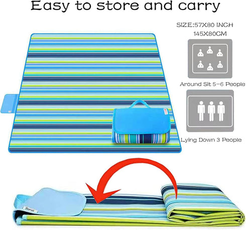 Large Picnic Blanket, Beach Blankets (80X60) Inch, Waterproof Quick Drying Mat for 3-5 Adults (Blue Stripes)