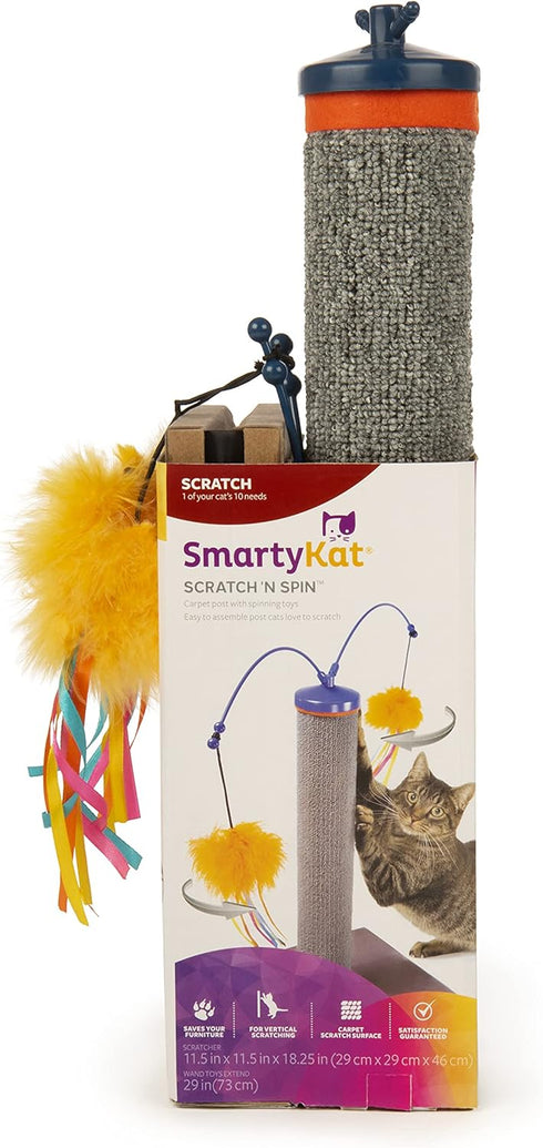 SmartyKat Scratch 'N Spin Carpet Cat Scratching Post with Spinning Wand Toys, Gray, One Size