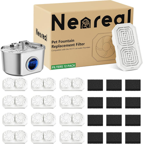 Neareal Official Cat Fountain Replacement Filters & Pre-Filter Sponges for 74oz/2.2L Stainless