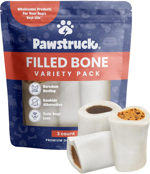 Pawstruck 3 Pack Small 3” Filled Dog Bones - Peanut Butter, Cheese & Bacon, Beef Flavors - Long Lasting Treats