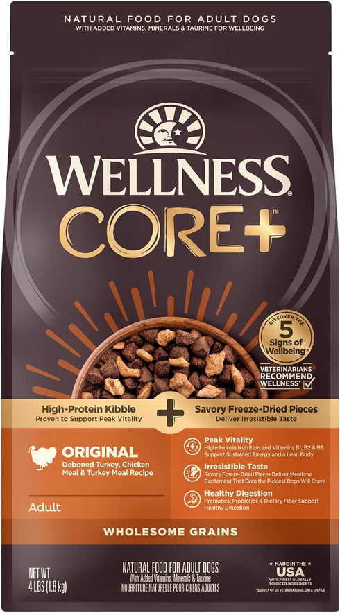 Wellness CORE+ Dry Dog Food with Wholesome Grains, Made in USA with Real Freeze-Dried Meat (Turkey, 4 lbs)