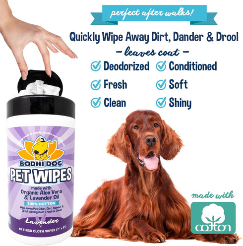 Bodhi Dog Pet Wipes, Lavender, 60CT - Thick & Large Wipes for Dog Grooming, No Parabens or SLS, Deodorizes Coat