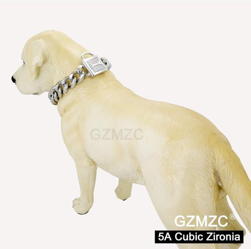 Dog Chain Collar with Cubic Zirconia Locking, High Polished Stainless Steel Cuban Link, 18" for Small Medium Dogs