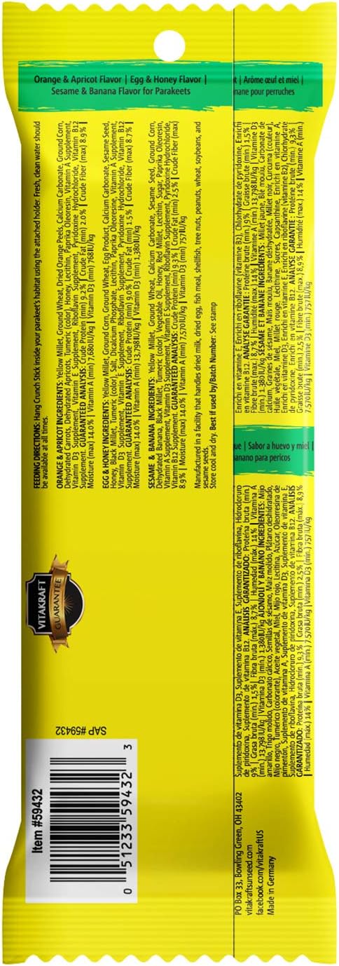 Vitakraft Crunch Sticks Variety Pack for Parakeets: Orange & Apricot, Egg & Honey, Sesame & Banana, 2.4 oz