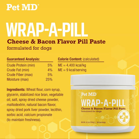 Pet MD Wrap A Pill Cheese & Bacon Flavor Pill Paste for Dogs - Make a Pocket or Pouch to Hide Pills & Medication, 4.2 oz
