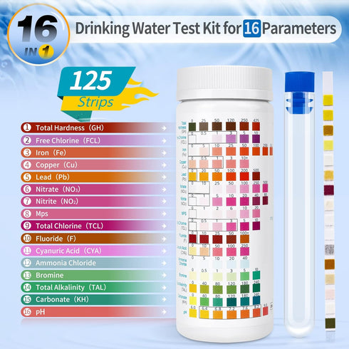 16 in 1 Premium Water Test Kit - 125 Test Strips for pH, Hardness, Chlorine, Lead, Iron, Nitrate, Nitrite