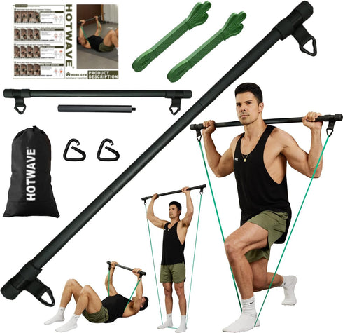 HOTWAVE Portable Resistance Band Bar, Adjustable 33"/45", Full Body Strength Training Fitness Bar for Home Workout