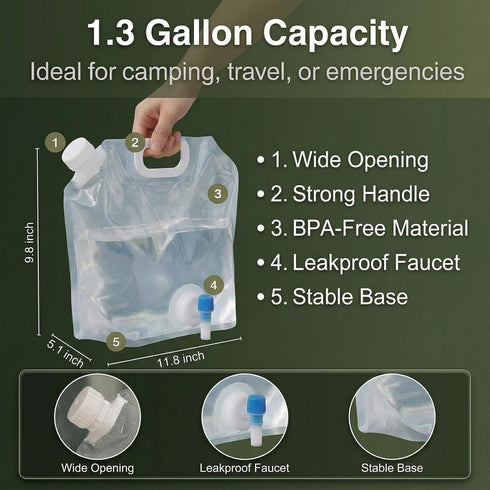 WMXWAN 6 Pack 1.3 (5L) With Spigot & Top Fill Cap, Gal Collapsible Water Containers, Dual Opening BPA Free PE Water