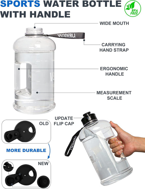 VENNERLI Portable Large Plastic Water Bottle, BPA-free Half Gallon Reusable 2 Liter Jug for Outdoor Hiking