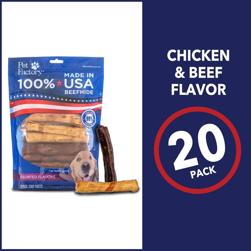 Pet Factory 100% Made in USA Beefhide 5" Chip Rolls Dog Chew Treats, Beef & Chicken Flavor, 20 Count/1 Pack