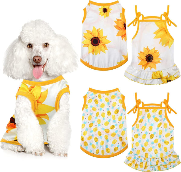 4 Pieces Pet Clothes Set - 2 Cute Pet Dresses & 2 Breathable T-Shirts for Medium Dogs (Pineapple, Sunflower)