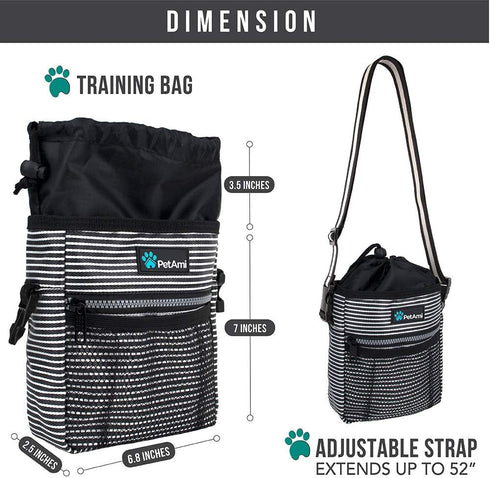 PetAmi Dog Treat Pouch, Training Bag Holder for Kibbles, Pet Food Toy, Poop Bag Dispenser (Black Stripes)