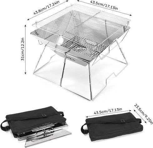 Odoland Folding Campfire Grill, 304 Stainless Steel Barbeque Grill, Portable Camping Grill with Carrying Bag