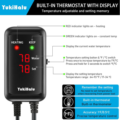 YukiHalu Aquarium Heater 50/100/200/300/500W, Temperature Adjustable, External Controller, LED Display for 10-120