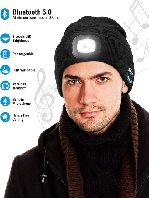 Wmcaps Bluetooth Beanie with Light, Unisex USB Rechargeable 4 LED Fashlight Hat with Cordless Headphones, Unique Gift