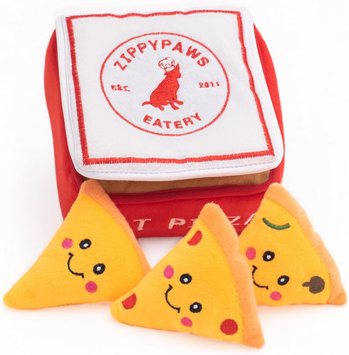 ZippyPaws Burrow Food Buddies Pizza Box, Interactive Hide and Seek Dog Toys, Colorful Squeaky Plush Puzzles for Small &