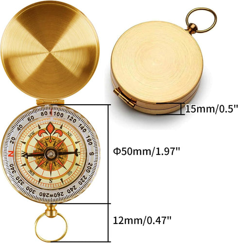 NeoLum Brass Pocket Compass with Luminous Dial, Golden Vintage Pocket Watch Style Compass, Sports Waterproof Navigation