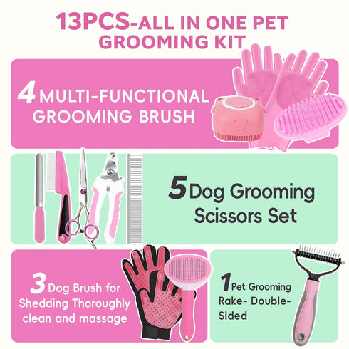 2TRUL 13pcs Dog Brush for Shedding Bath Grooming Kit with Pet Nail Clipper and File - Dog Bath Brush Cat Grooming