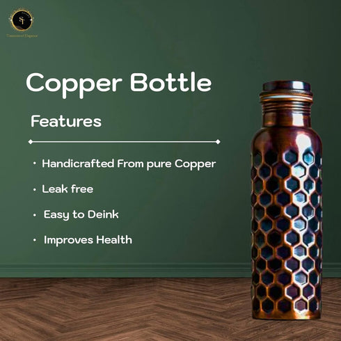 Pure Copper Water Bottle, 32oz Antique Black Diamond Ayurvedic Water Bottle with Lid for Hiking, Camping, Home, Office