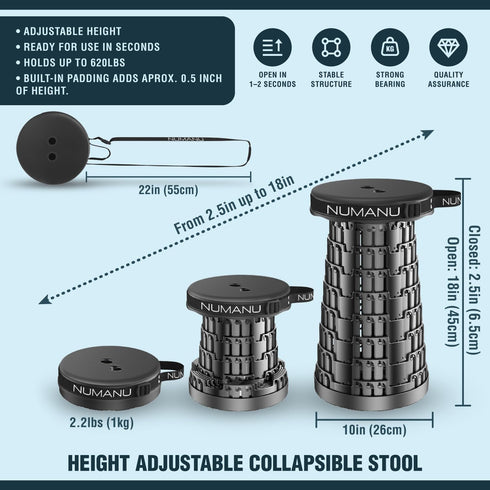 2026 620lbs 2.5"-18" NUMANU Upgraded Padded Collapsible Stool, Max H Adjustable Portable Folding Stool for Adults