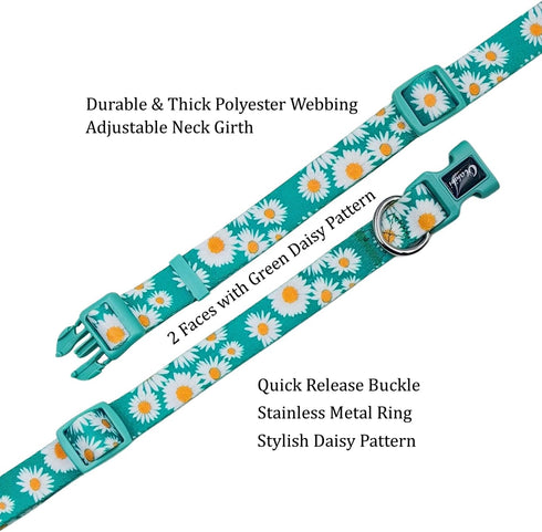Dog Collar and Leash Set, Cute Daisy Pattern, 5ft Leash for Puppy Dogs, Extra Small, Green