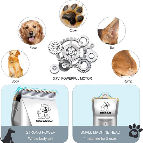 Dog Clippers Grooming Kit and Paw Trimmer, Cordless, Low Noise, Electric Quiet, Rechargeable, for Thick Coats, Silver