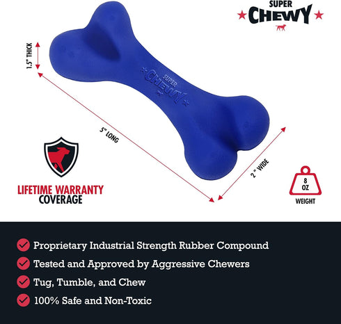 Tuff Pupper SuperChewy Tough Dog Bone Toy, Lifetime Replacement, Strong Natural Rubber, Great Fetch Toy for Dogs