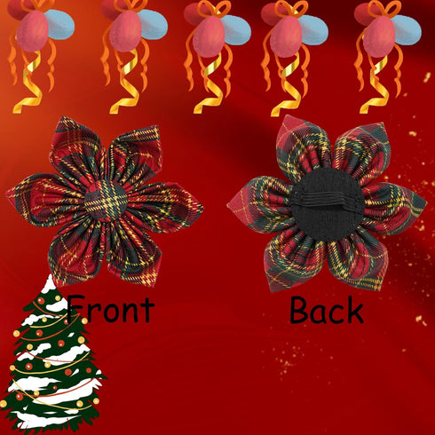 Elegant Little Tail Red Plaid Christmas Dog Collar with Flower, Holiday Pet Collar for X-Large Dogs