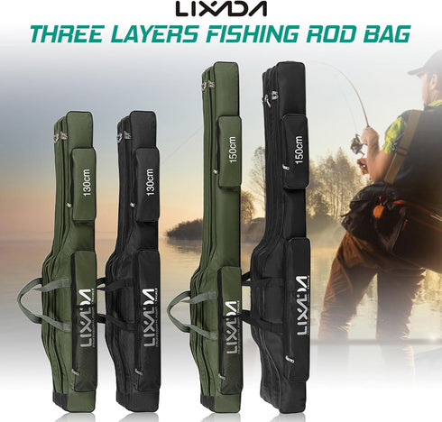 LIXADA Fishing Rod Case, 3 Layers Oxford Bag, Portable Foldable Fishing Pole Carrier for Tackle Storage