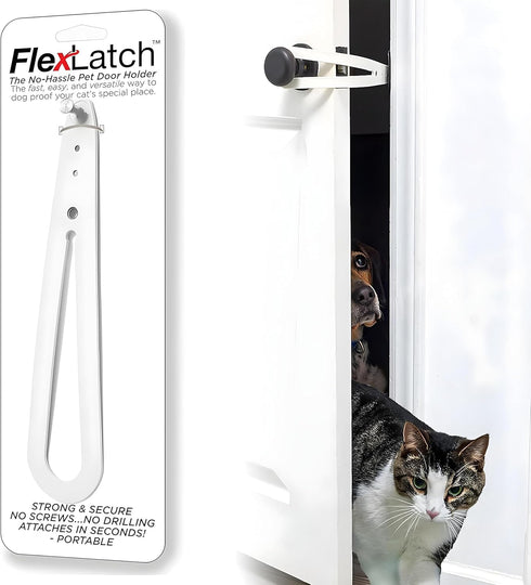 Bright White Cat Door Holder Latch - Fast Install Flex Latch Strap, Keeps Dogs Out of Litter & Food