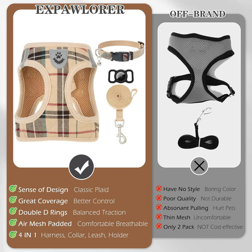 EXPAWLORER Khaki Small Dog Harness and Leash Set with AirTag Holder, Soft Padded No Pull Reflective Vest for Medium Dogs