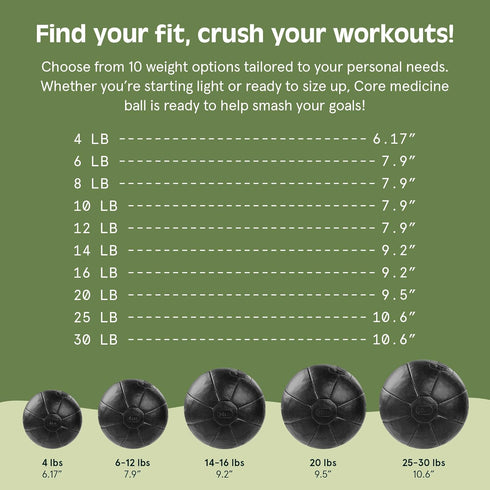 4, 6, 8, 10, 12, 14, 16, 20, 25, 30 lbs, Core Weighted Medicine Ball Soft Touch Vegan Leather with Sturdy Grip