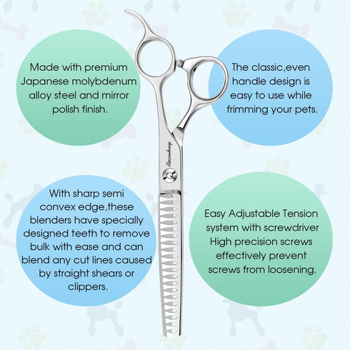 Dog Cat Scissors for Grooming, Pet Shears for Thick Coats and Matted Hair, Thinner Curved Straight Chunker Stainless Steel Shears (7.0" Chunker Silver) by Recubay