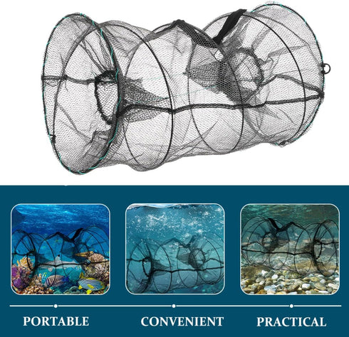 18x33cm OUNONA Collapsible Fishing Bait Trap Net, Spring Cage Minnow and Crawfish Fish Trap, Black Fine Mesh Hand Cast