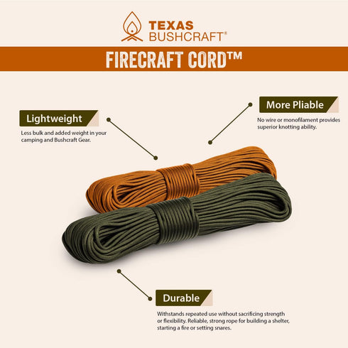 Firecraft Cord - Utility Paracord Survival Rope, Parachute Cord for Emergency Preparedness, Fishing, Sewing, Tinder