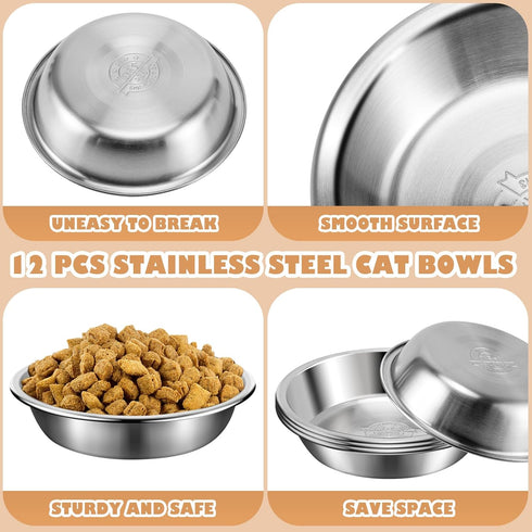 Cat Bowls, 12Pcs Stainless Steel Food Bowls, Replacement Whisker Fatigue Relief Dishes for Small Dogs and Cats