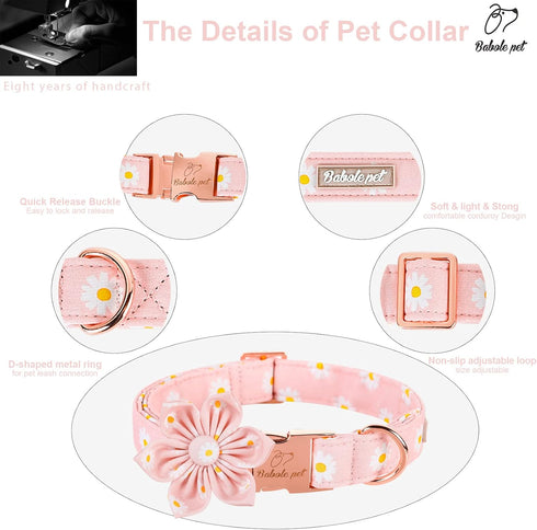 Adjustable Cotton Dog Collar with Pink Daisy Flower Tie, Safety Metal Buckle for Small Medium Large Dogs, Neck 10"-16"