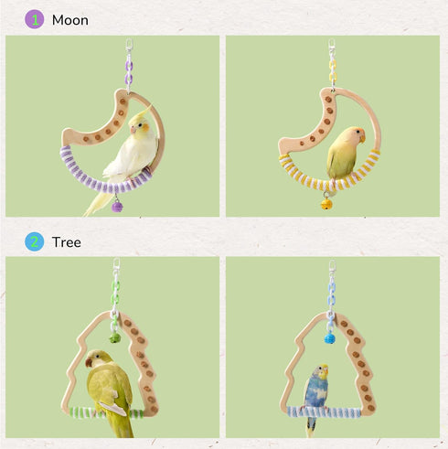 Natural Bird Swing - Moon-Shaped Parrot Perch with Bell and Cork Toys, Spinning Wooden Stand for Parakeets, Budgies