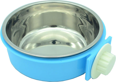 RUBYHOME 2-in-1 Dog Bowl & Feeder - Blue Plastic & Stainless Steel Hanging Food Basin for Crates & Cages