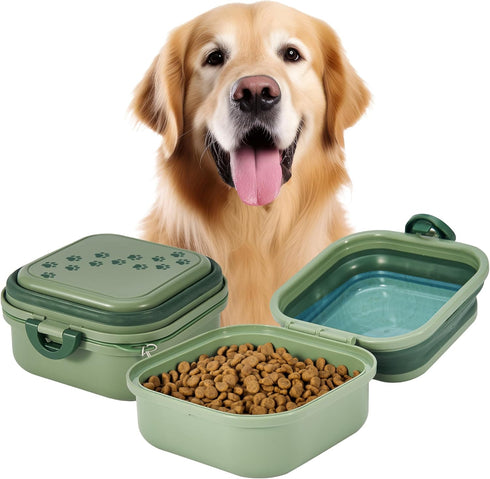 Collapsible Dog Water Bowl 30oz - 2 in 1 Portable Travel Food Bowl with Lid, Easy Carry Handle for Pets