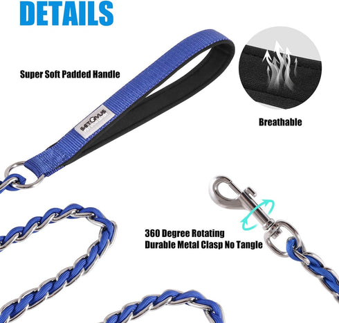 Chew Proof Metal Dog Leash - 4FT Blue Chain Link for Medium Large Dogs, Anti Chew with Soft Padded Handle